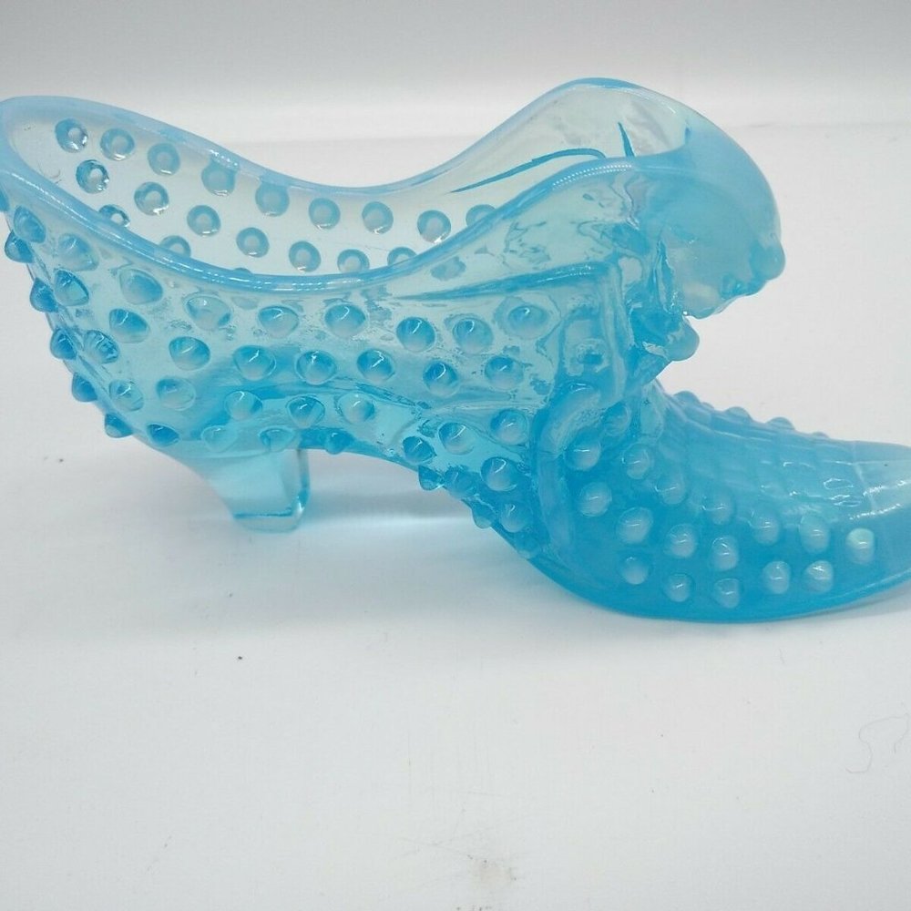 Vintage Fenton Art Glass Blue Turquoise Hobnail Cat Head Slipper Shoe Gift Idea